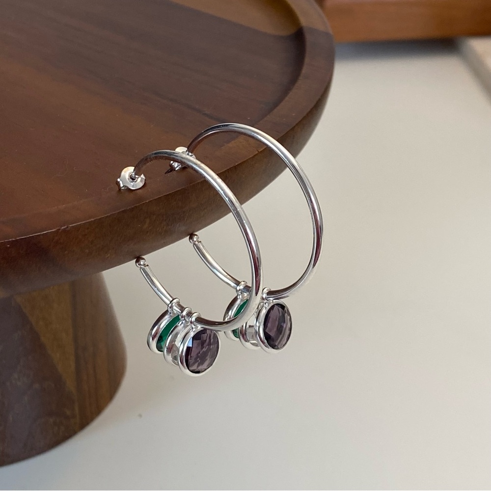 4/$15 Polished Silver Hoops with Amethyst Emerald Lab Made Stone Drops